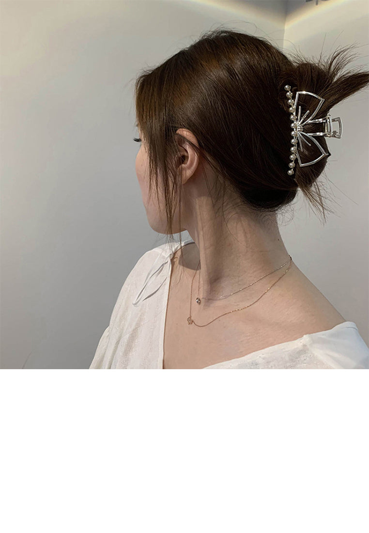Simple And Temperament Plated Gold Hollow Ribbon Imitation Pearl Hair Claw - Elegant Hairpiece - Luxurious Look