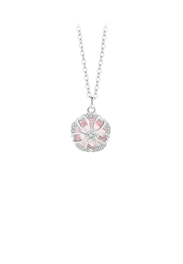 925 Sterling Silver Fashion Fantasy Hollow Cherry Blossom Pendant with Pink Cubic Zirconia and Necklace - Luxurious Look - Vibrant Color