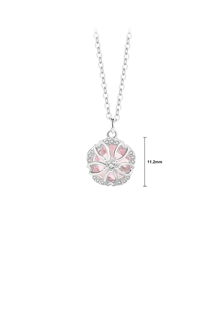 925 Sterling Silver Fashion Fantasy Hollow Cherry Blossom Pendant with Pink Cubic Zirconia and Necklace - Luxurious Look - Vibrant Color