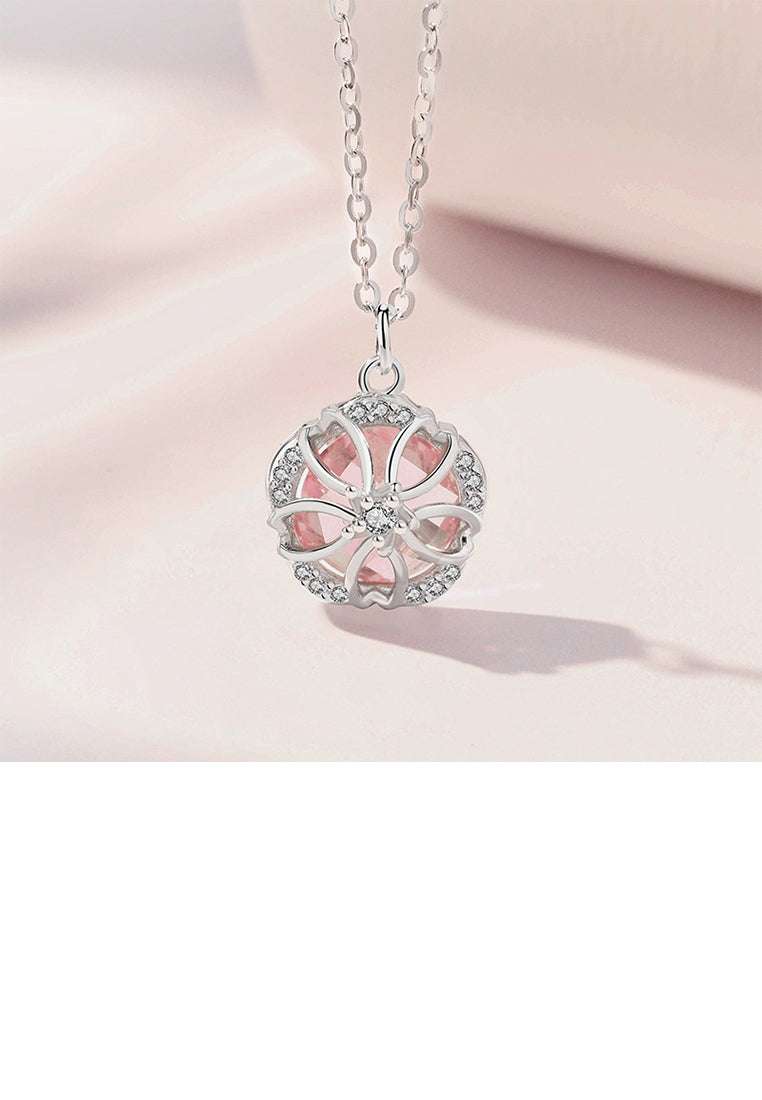925 Sterling Silver Fashion Fantasy Hollow Cherry Blossom Pendant with Pink Cubic Zirconia and Necklace - Luxurious Look - Vibrant Color