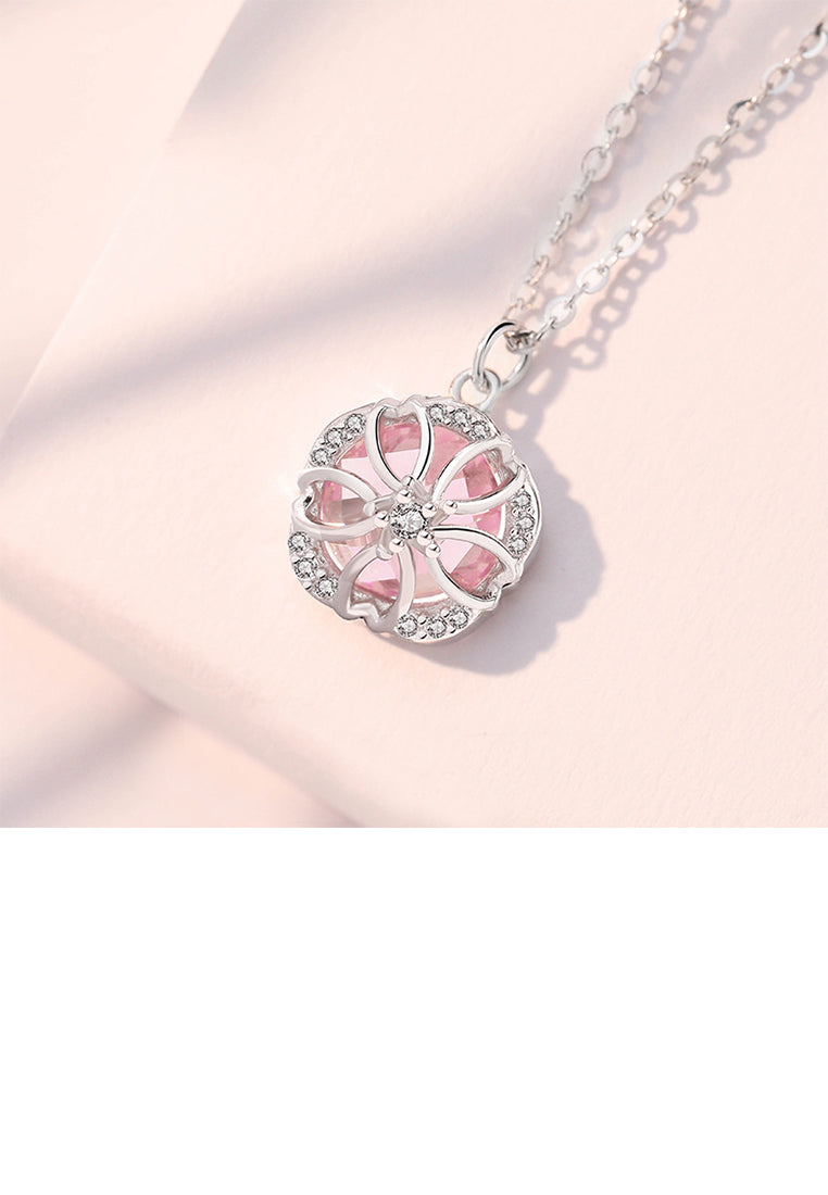 925 Sterling Silver Fashion Fantasy Hollow Cherry Blossom Pendant with Pink Cubic Zirconia and Necklace - Luxurious Look - Vibrant Color