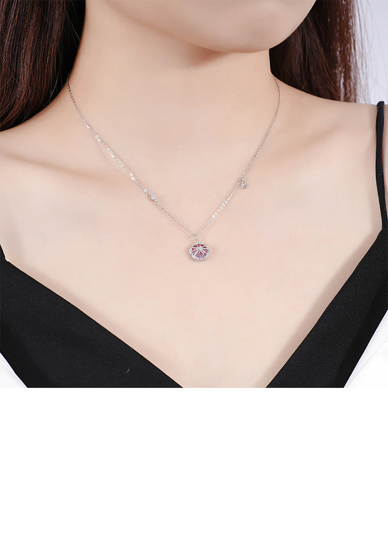 925 Sterling Silver Fashion Fantasy Hollow Cherry Blossom Pendant with Pink Cubic Zirconia and Necklace - Luxurious Look - Vibrant Color