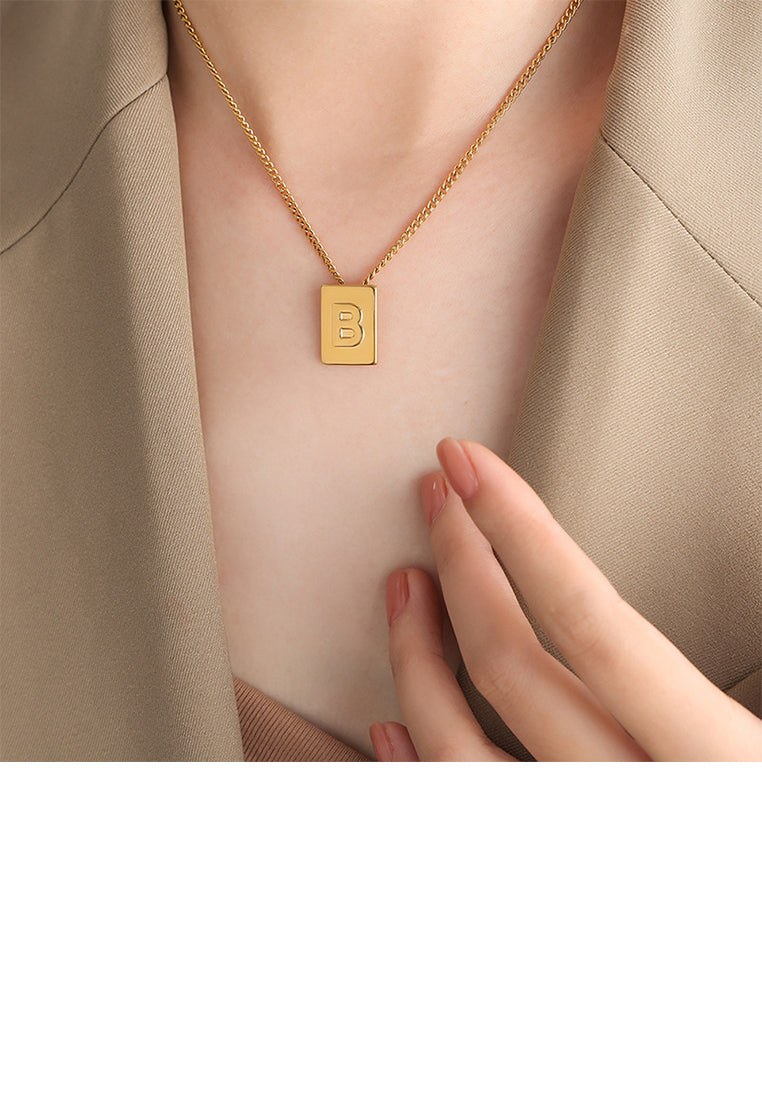 Fashion and Simple Plated Gold 316L Stainless Steel Alphabet B Geometric Square Pendant with Necklace