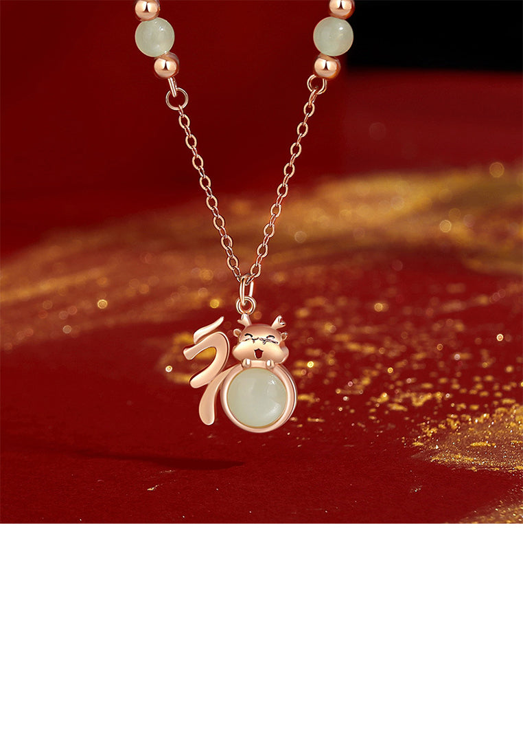 925 Sterling Silver Plated Gold Fashion Vintage Zodiac Dragon and Fortune Pendant with Necklace