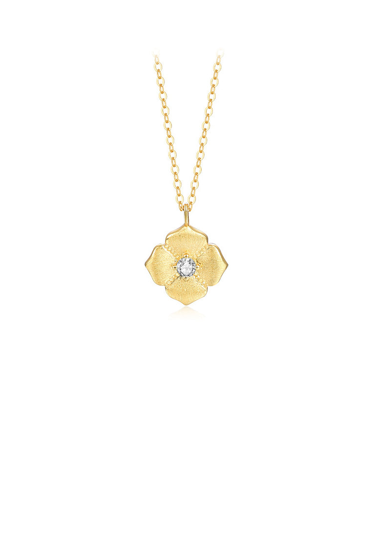 925 Sterling Silver Plated Gold Fashion Simple Flower Pendant with White Cubic Zirconia and Necklace - Luxurious Look