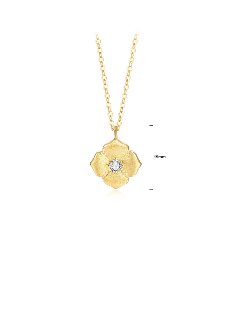 925 Sterling Silver Plated Gold Fashion Simple Flower Pendant with White Cubic Zirconia and Necklace - Luxurious Look