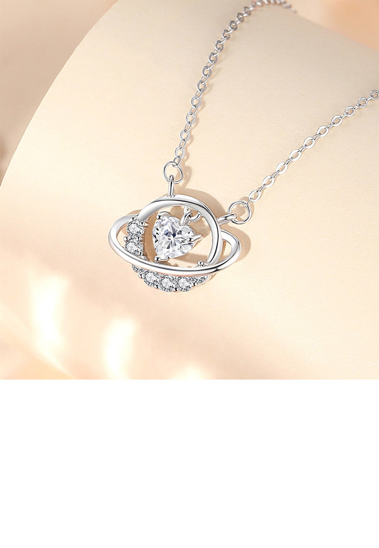 925 Sterling Silver Fashion and Creative Planet Pendant with Cubic Zirconia and Necklace - Luxurious Look