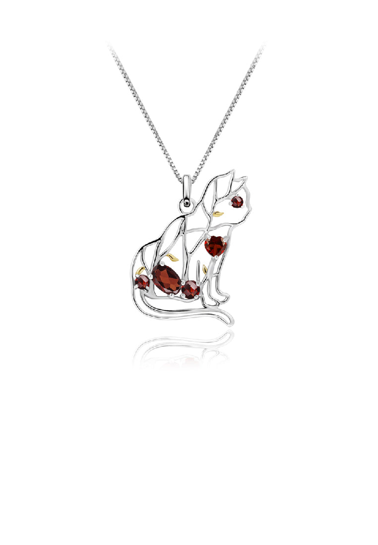 925 Sterling Silver Fashion Cute Hollow Cat Pendant with Garnet and Necklace