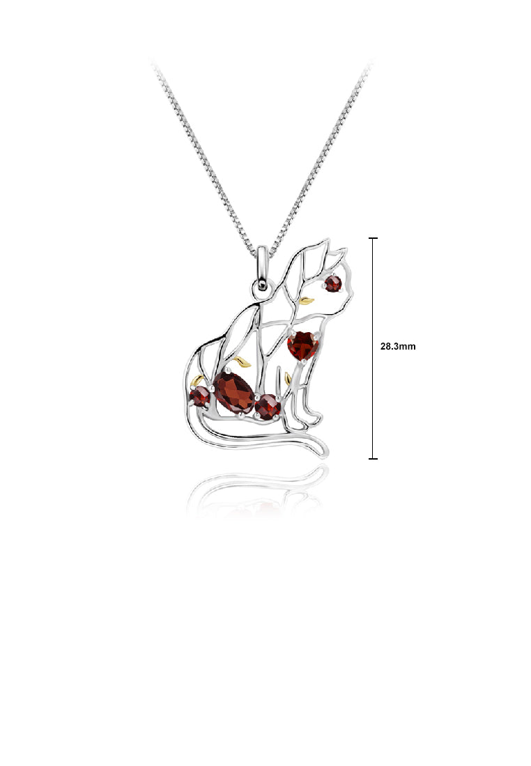 925 Sterling Silver Fashion Cute Hollow Cat Pendant with Garnet and Necklace