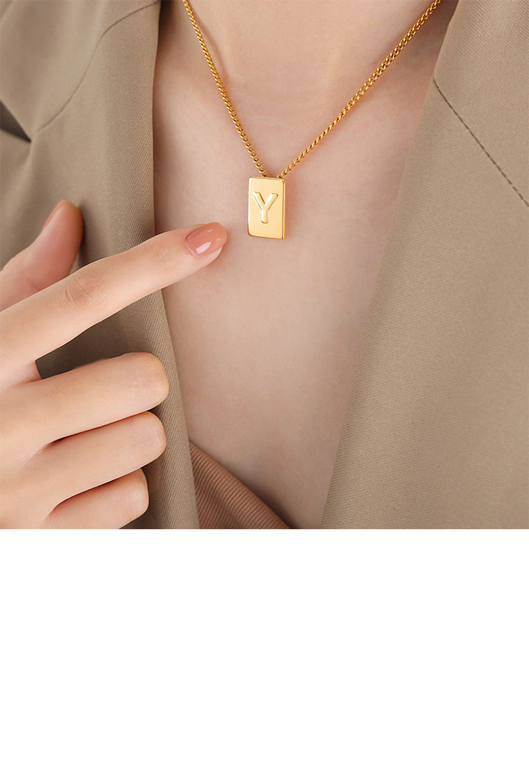 Fashion and Simple Plated Gold 316L Stainless Steel Alphabet Y Geometric Square Pendant with Necklace
