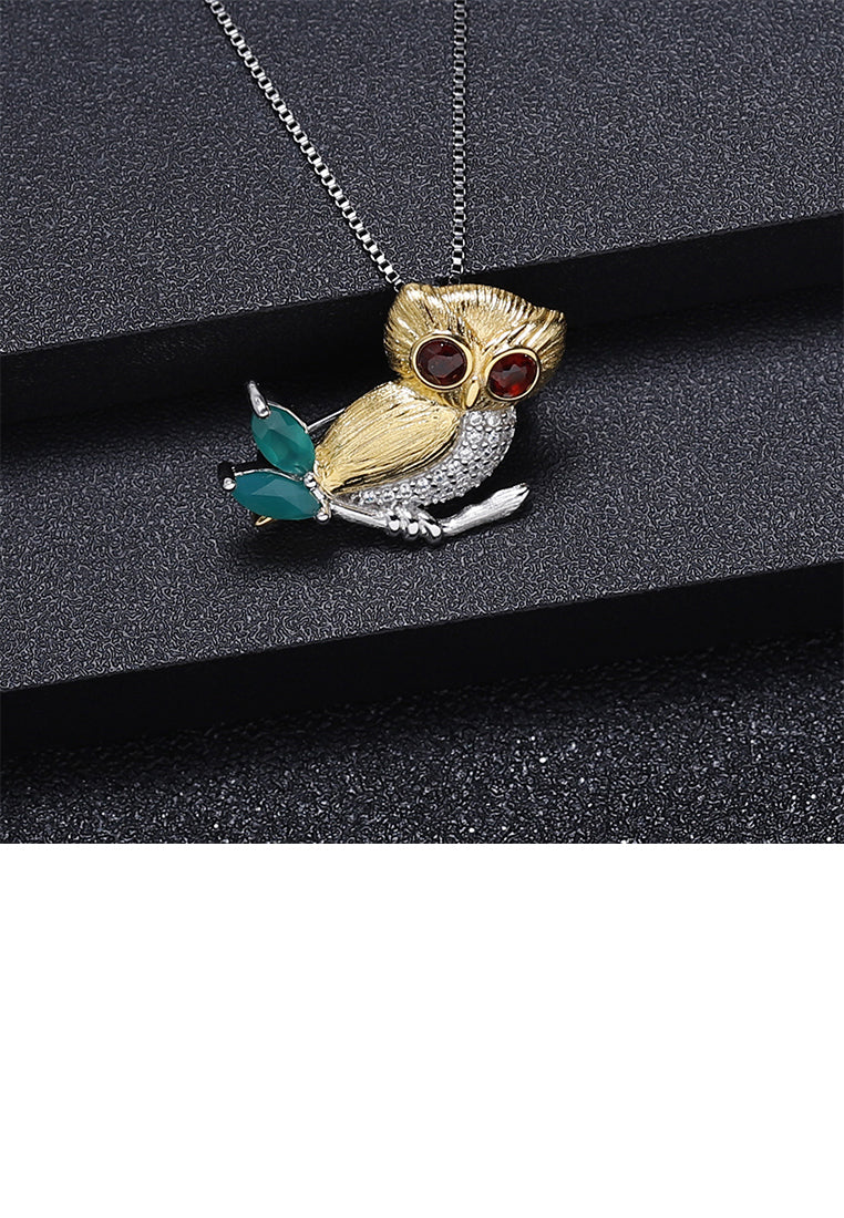 925 Sterling Silver Fashion Cute Owl Garnet Pendant with Cubic Zirconia and Necklace - Luxurious Look