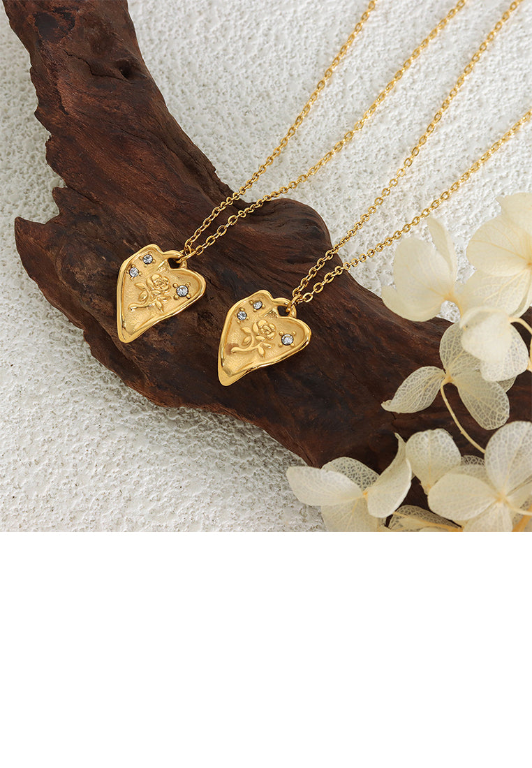 Fashion and Simple Plated Gold 316L Stainless Steel Rose Heart-shaped Pendant with Cubic Zirconia and Necklace - Luxurious Look