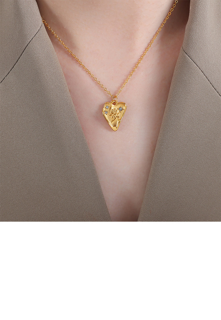 Fashion and Simple Plated Gold 316L Stainless Steel Rose Heart-shaped Pendant with Cubic Zirconia and Necklace - Luxurious Look