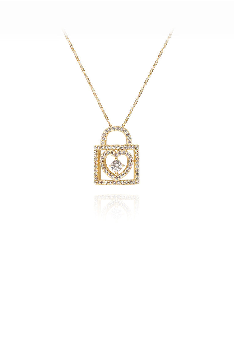 Fashion Simple Plated Gold Hollow Heart Lock Pendant with Cubic Zirconia and Necklace - Luxurious Look