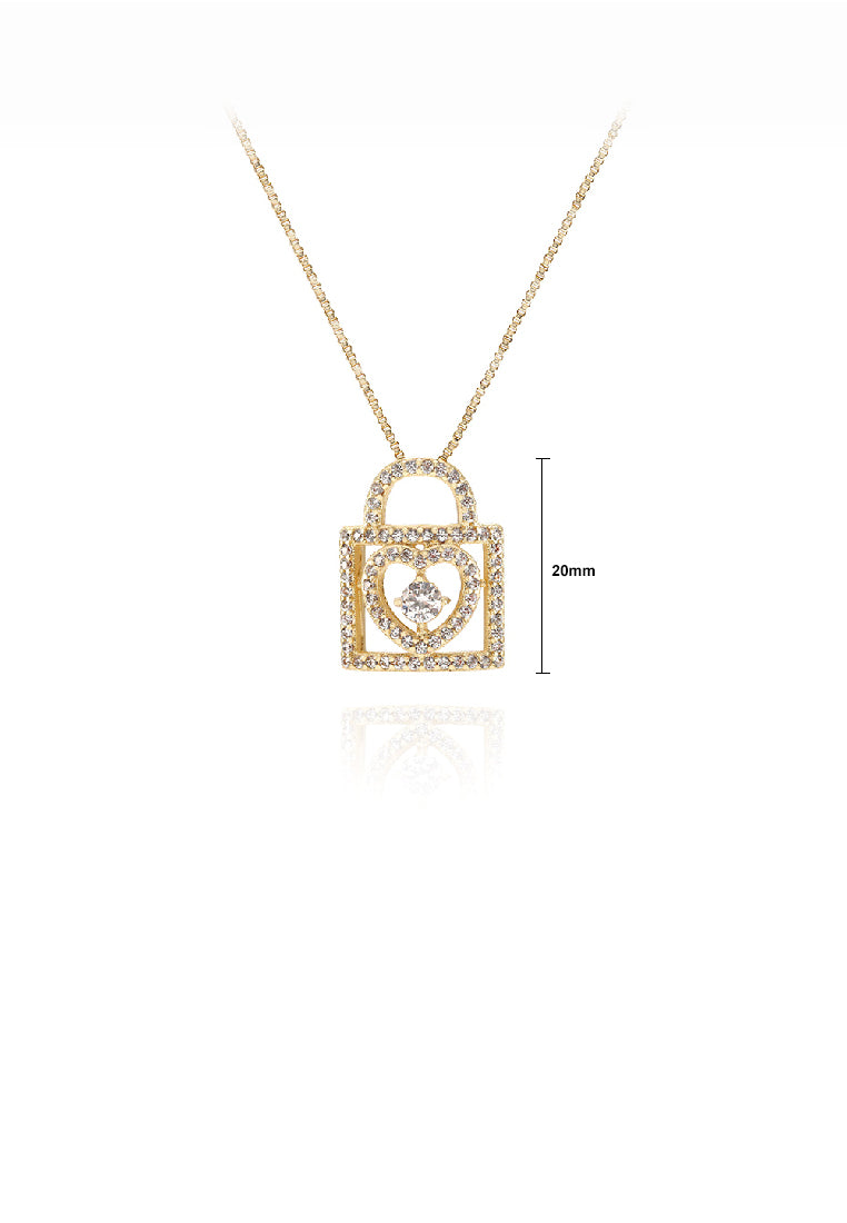 Fashion Simple Plated Gold Hollow Heart Lock Pendant with Cubic Zirconia and Necklace - Luxurious Look