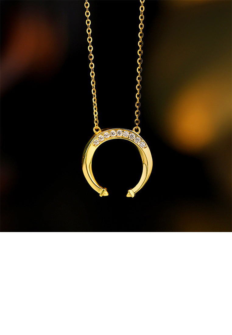 925 Sterling Silver Plated Gold Simple and Fashion Moon Pendant with Cubic Zirconia and Necklace - Luxurious Look