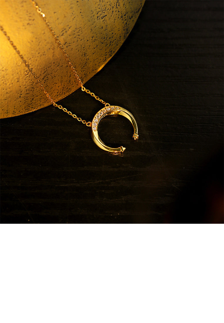 925 Sterling Silver Plated Gold Simple and Fashion Moon Pendant with Cubic Zirconia and Necklace - Luxurious Look