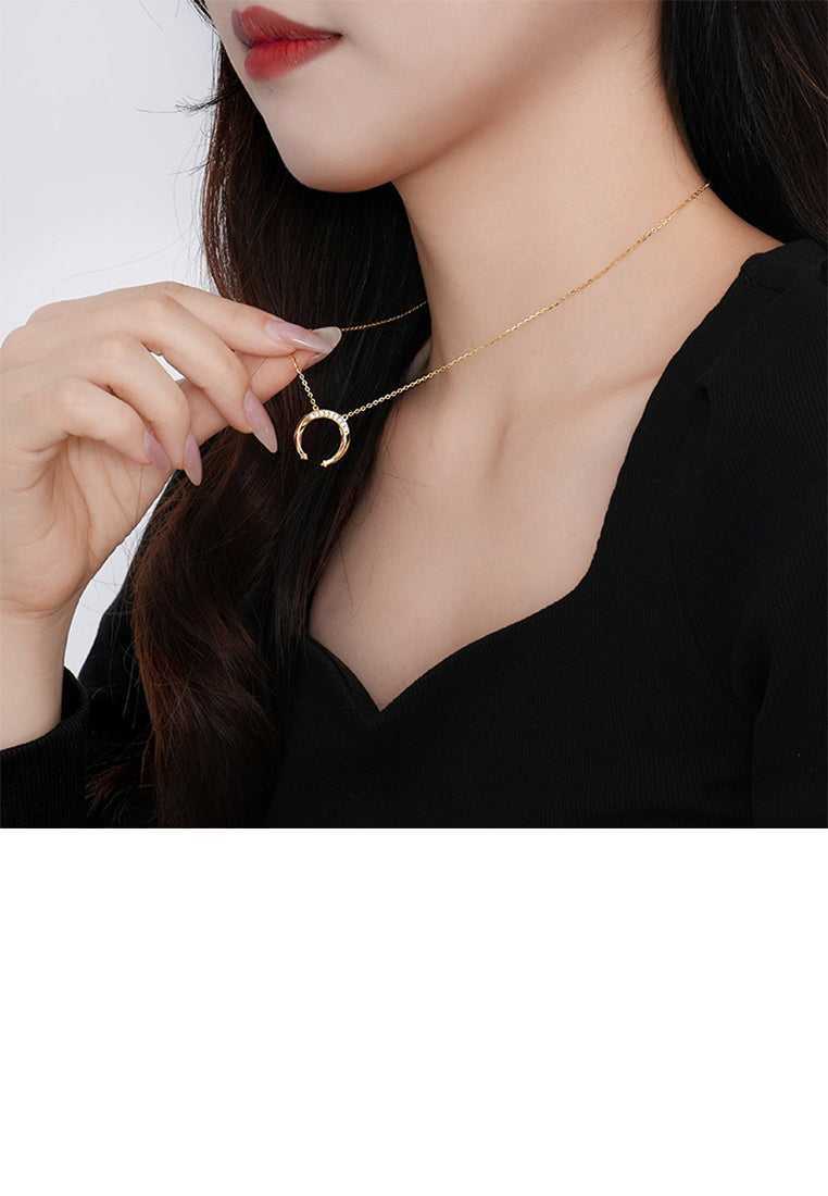 925 Sterling Silver Plated Gold Simple and Fashion Moon Pendant with Cubic Zirconia and Necklace - Luxurious Look