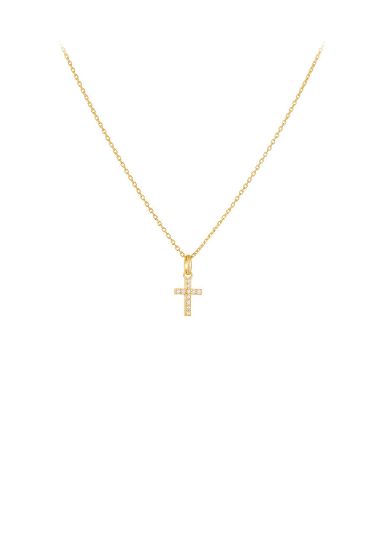 925 Sterling Silver Plated Gold Simple Fashion Cross Pendant with Cubic Zirconia and Necklace - Luxurious Look