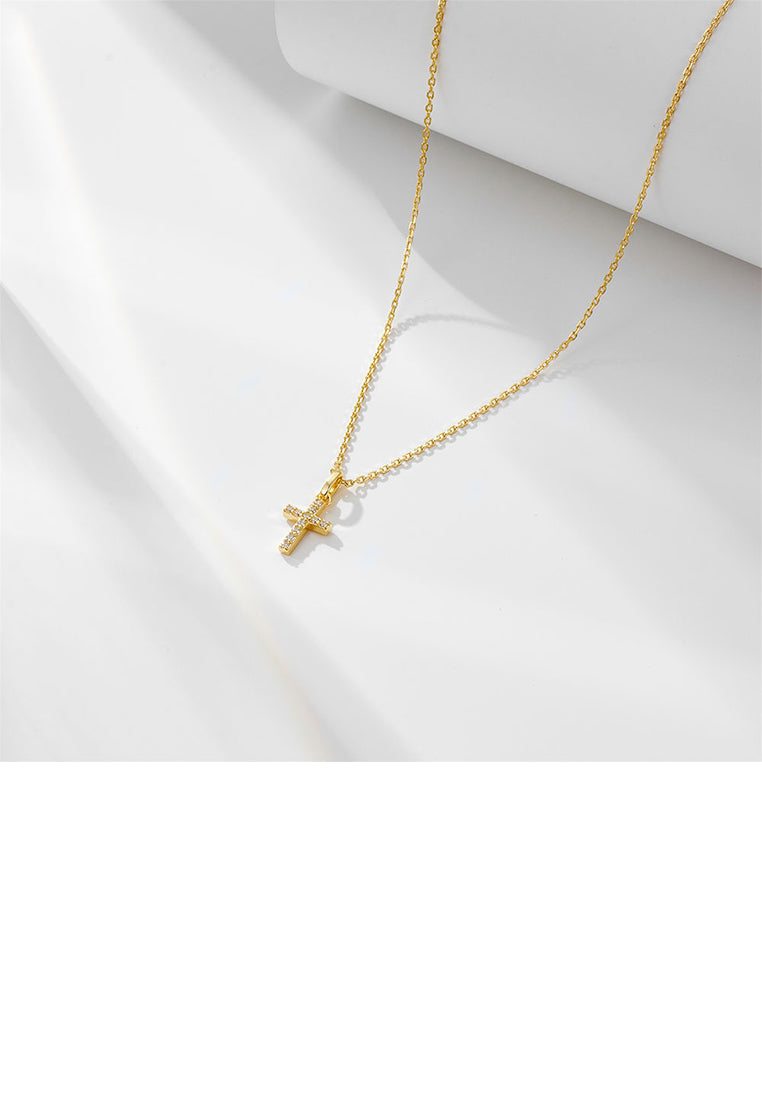 925 Sterling Silver Plated Gold Simple Fashion Cross Pendant with Cubic Zirconia and Necklace - Luxurious Look