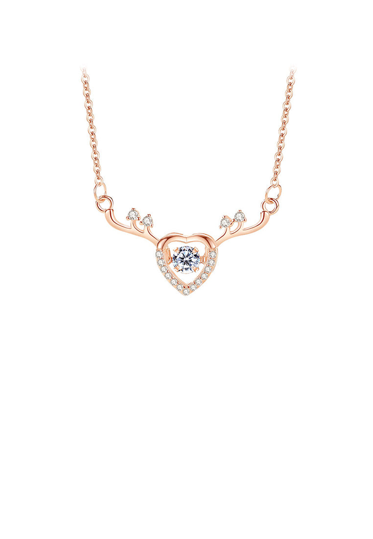 925 Sterling Silver Plated Rose Gold Fashion and Creative Heart-shaped Elk Pendant with Cubic Zirconia and Necklace - Luxurious Look