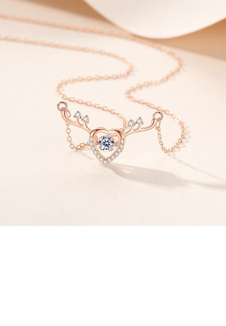 925 Sterling Silver Plated Rose Gold Fashion and Creative Heart-shaped Elk Pendant with Cubic Zirconia and Necklace - Luxurious Look