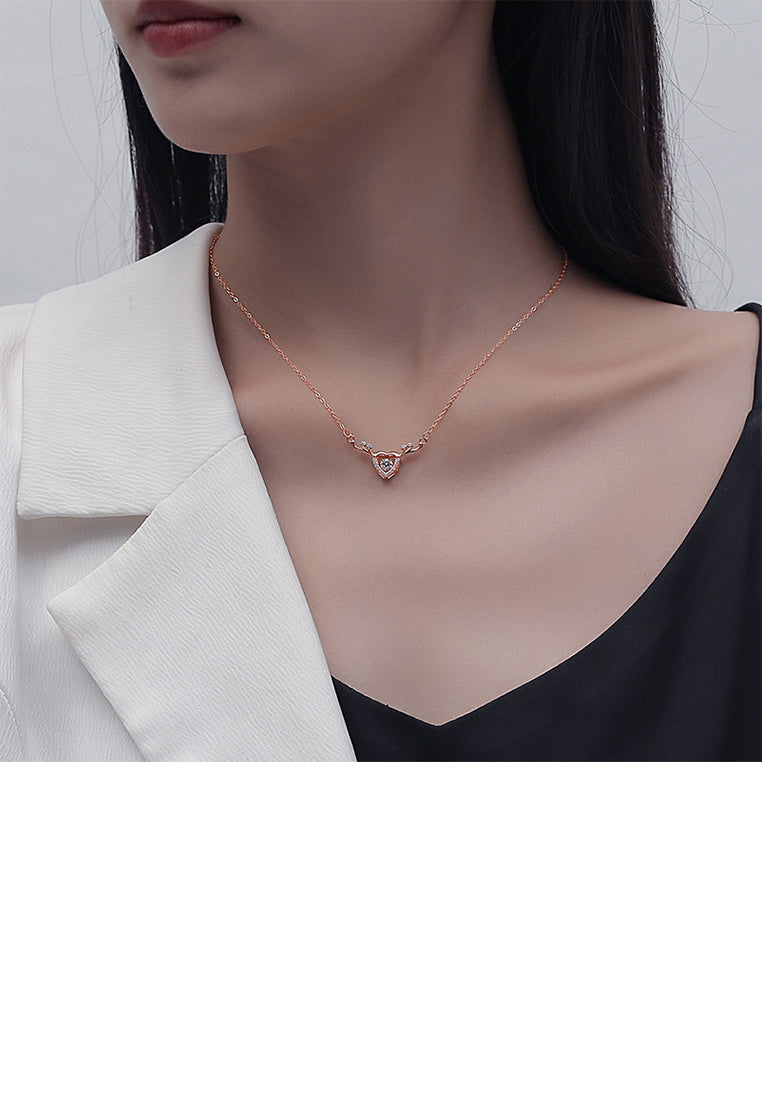 925 Sterling Silver Plated Rose Gold Fashion and Creative Heart-shaped Elk Pendant with Cubic Zirconia and Necklace - Luxurious Look