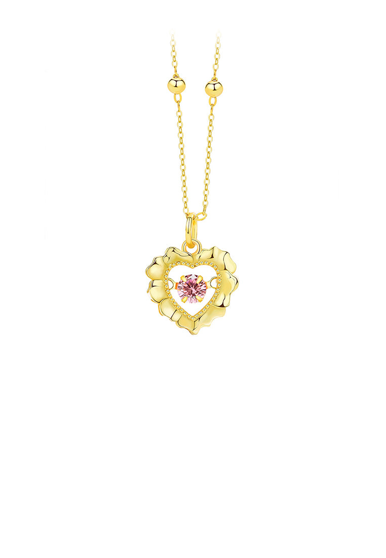 925 Sterling Silver Plated Gold Fashion Simple Hollow Heart-shaped Pendant with Pink Cubic Zirconia and Necklace - Luxurious Look - Vibrant Color