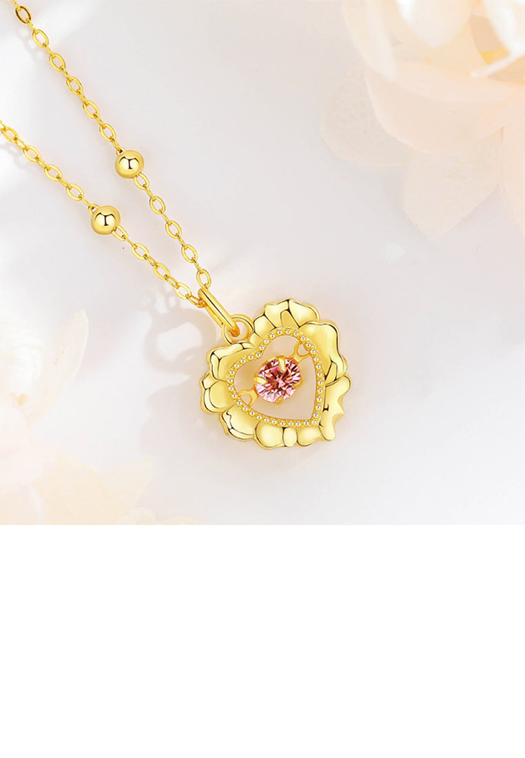 925 Sterling Silver Plated Gold Fashion Simple Hollow Heart-shaped Pendant with Pink Cubic Zirconia and Necklace - Luxurious Look - Vibrant Color