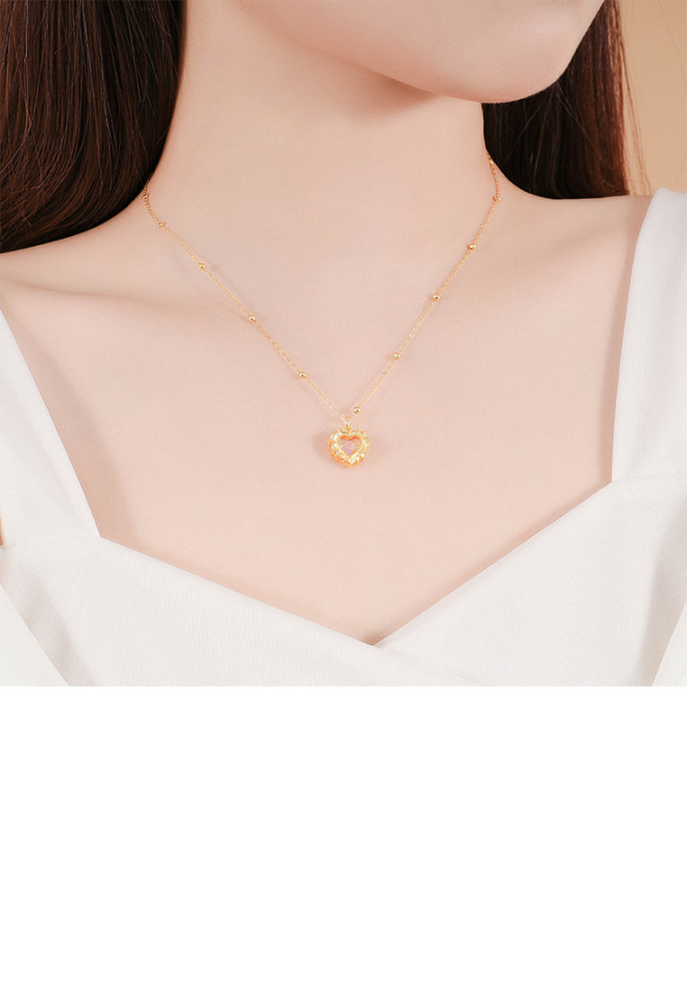 925 Sterling Silver Plated Gold Fashion Simple Hollow Heart-shaped Pendant with Pink Cubic Zirconia and Necklace - Luxurious Look - Vibrant Color