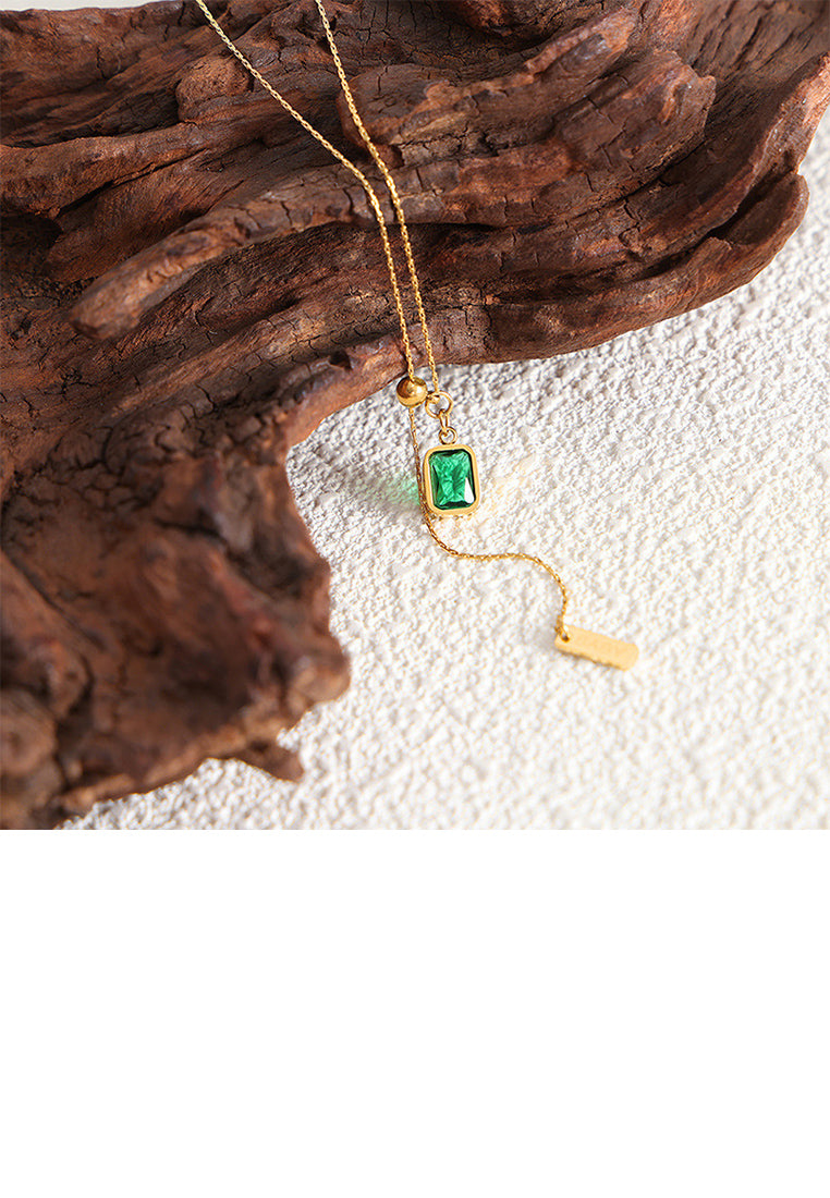 Fashion and Simple Plated Gold 316L Stainless Steel Geometric Square Tassel Pendant with Cubic Zirconia and Necklace - Luxurious Look