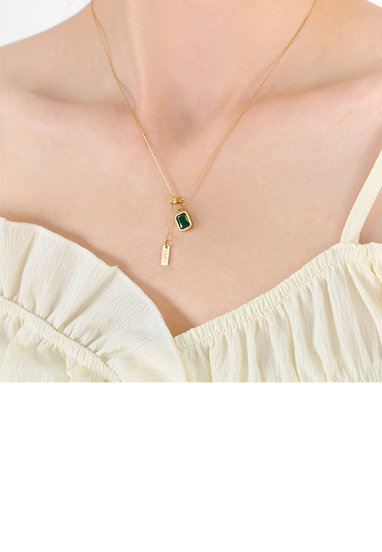 Fashion and Simple Plated Gold 316L Stainless Steel Geometric Square Tassel Pendant with Cubic Zirconia and Necklace - Luxurious Look