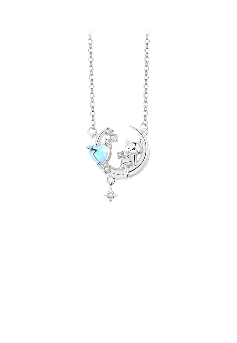 925 Sterling Silver Fashion Cute Cat Moon Moonstone Pendant with Cubic Zirconia and Necklace - Luxurious Look