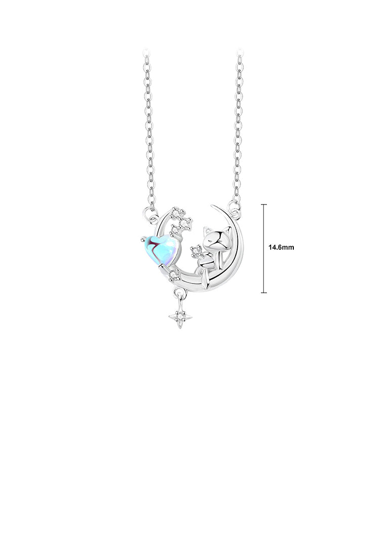 925 Sterling Silver Fashion Cute Cat Moon Moonstone Pendant with Cubic Zirconia and Necklace - Luxurious Look