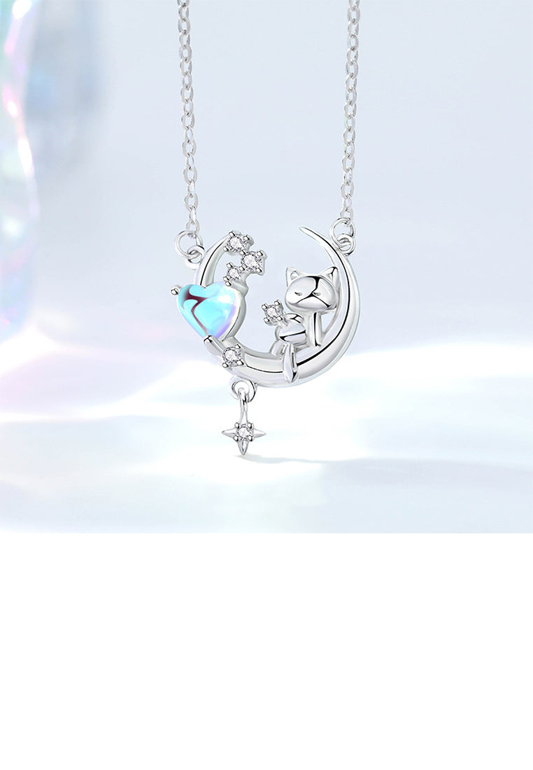 925 Sterling Silver Fashion Cute Cat Moon Moonstone Pendant with Cubic Zirconia and Necklace - Luxurious Look