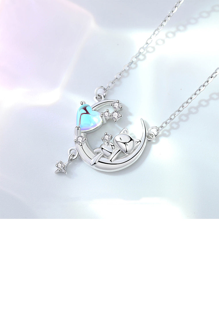 925 Sterling Silver Fashion Cute Cat Moon Moonstone Pendant with Cubic Zirconia and Necklace - Luxurious Look