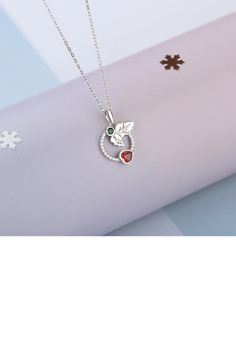 925 Sterling Silver Fashion Simple Leaf Heart Shape Geometric Circle Pendant with Cubic Zirconia and Necklace - Luxurious Look
