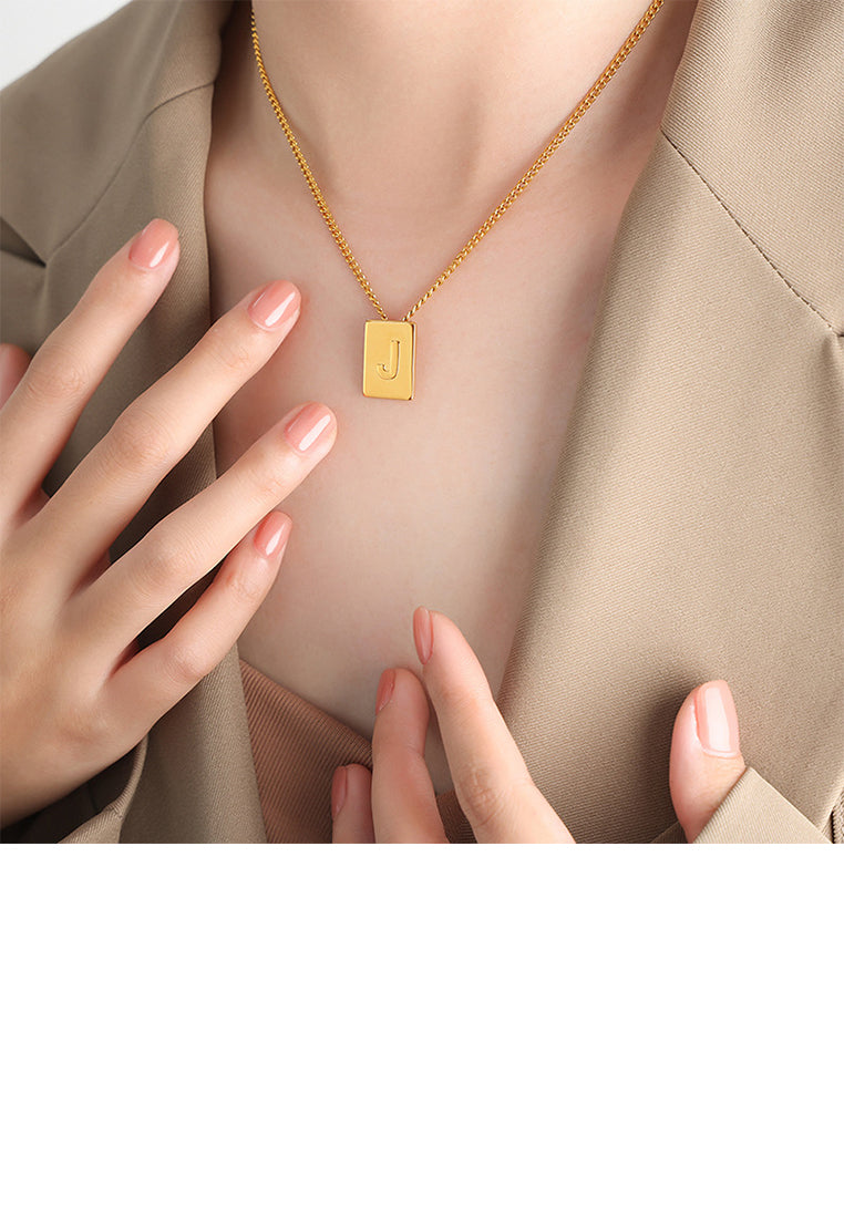 Fashion and Simple Plated Gold 316L Stainless Steel Alphabet J Geometric Square Pendant with Necklace