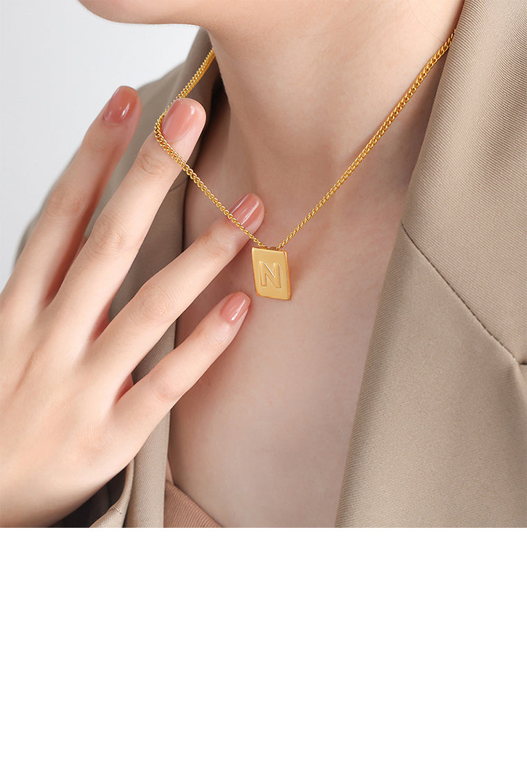 Fashion and Simple Plated Gold 316L Stainless Steel Alphabet N Geometric Square Pendant with Necklace
