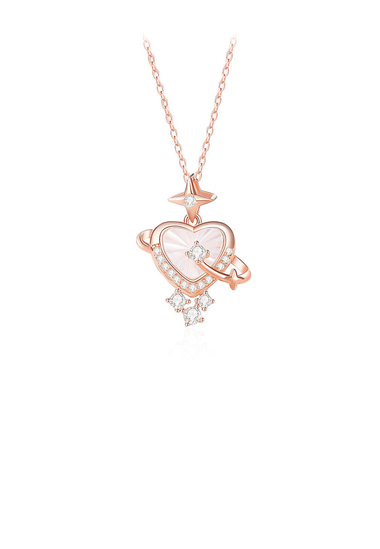 925 Sterling Silver Plated Rose Gold Fashion Simple Heart-shaped Mother-of-pearl Planet Pendant with Cubic Zirconia and Necklace - Luxurious Look