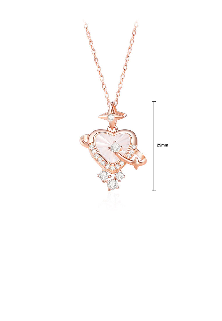 925 Sterling Silver Plated Rose Gold Fashion Simple Heart-shaped Mother-of-pearl Planet Pendant with Cubic Zirconia and Necklace - Luxurious Look