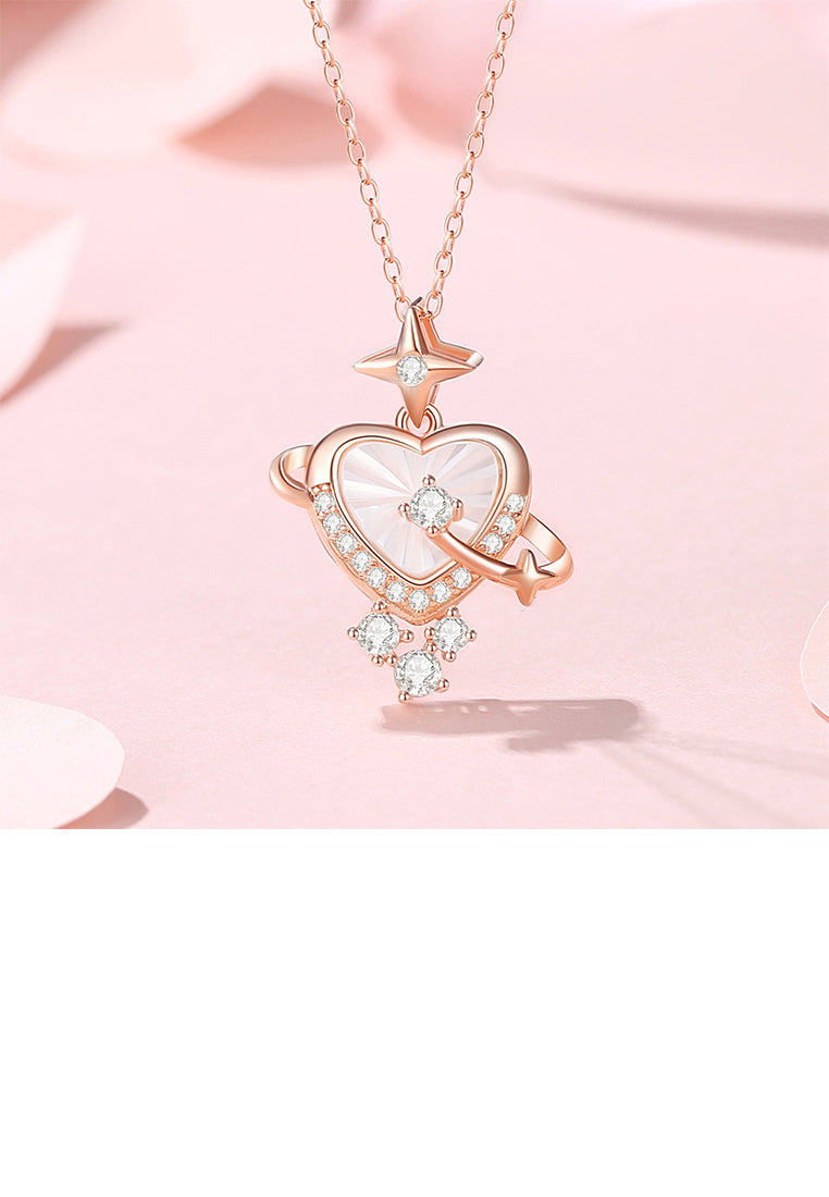 925 Sterling Silver Plated Rose Gold Fashion Simple Heart-shaped Mother-of-pearl Planet Pendant with Cubic Zirconia and Necklace - Luxurious Look