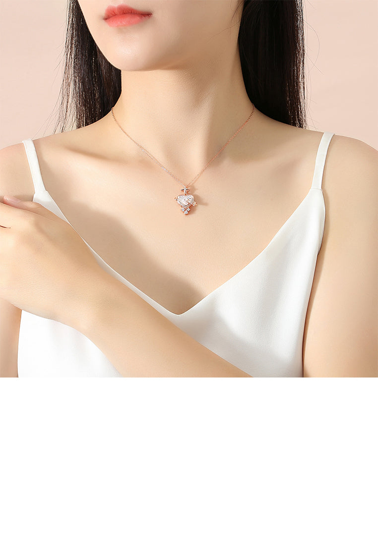 925 Sterling Silver Plated Rose Gold Fashion Simple Heart-shaped Mother-of-pearl Planet Pendant with Cubic Zirconia and Necklace - Luxurious Look