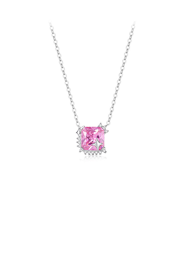 925 Sterling Silver Simple Fashion Star Square Geometric Pendant with Pink Cubic Zirconia and Necklace - Luxurious Look - Vibrant Color