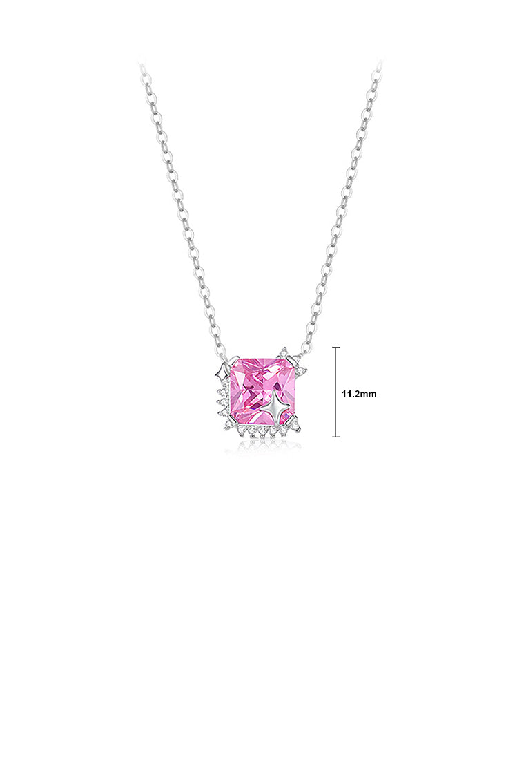 925 Sterling Silver Simple Fashion Star Square Geometric Pendant with Pink Cubic Zirconia and Necklace - Luxurious Look - Vibrant Color