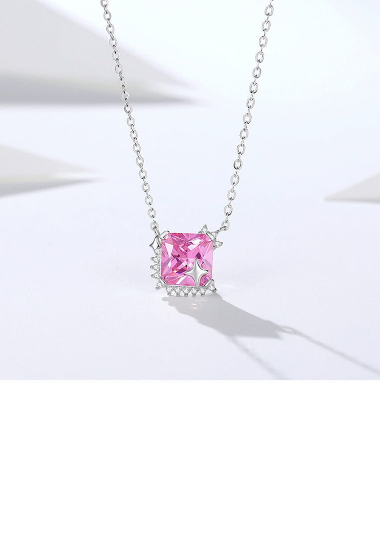 925 Sterling Silver Simple Fashion Star Square Geometric Pendant with Pink Cubic Zirconia and Necklace - Luxurious Look - Vibrant Color