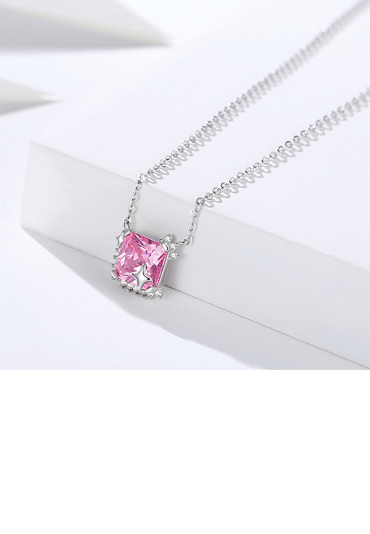 925 Sterling Silver Simple Fashion Star Square Geometric Pendant with Pink Cubic Zirconia and Necklace - Luxurious Look - Vibrant Color