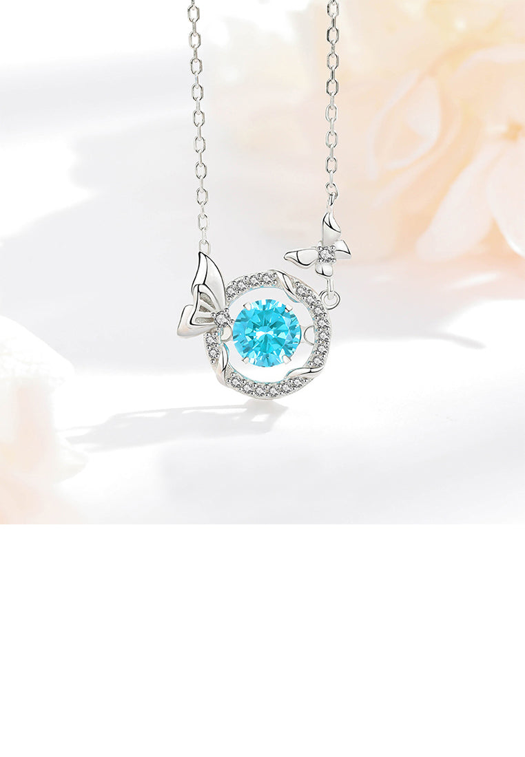 925 Sterling Silver Simple and Fashion Butterfly Circle Pendant with Blue Cubic Zirconia and Necklace - Luxurious Look