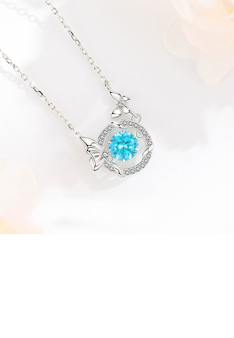 925 Sterling Silver Simple and Fashion Butterfly Circle Pendant with Blue Cubic Zirconia and Necklace - Luxurious Look
