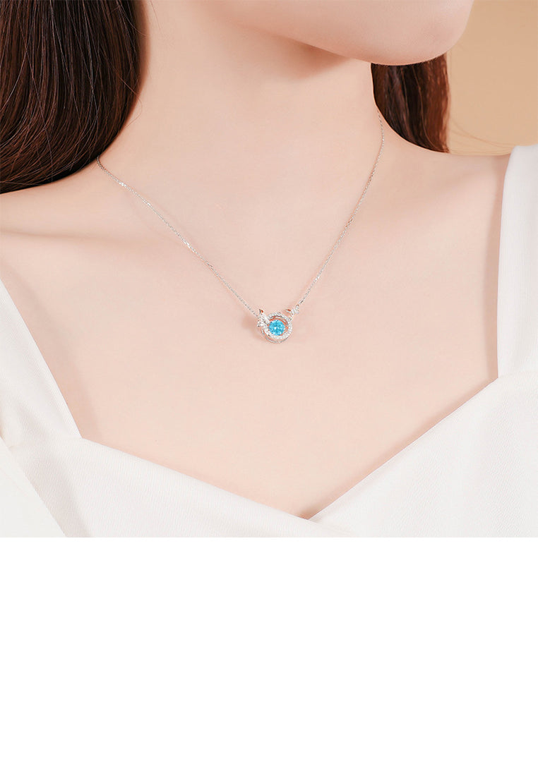 925 Sterling Silver Simple and Fashion Butterfly Circle Pendant with Blue Cubic Zirconia and Necklace - Luxurious Look